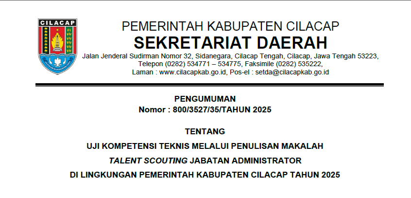 PENGUMUMAN UJI KOMPETENSI TEKNIS MELALUI PENULISAN MAKALAH TALENT SCOUTING JABATAN ADMINISTRATOR 2 PENGUMUMAN UJI KOMPETENSI TEKNIS MELALUI PENULISAN MAKALAH TALENT SCOUTING JABATAN ADMINISTRATOR 2